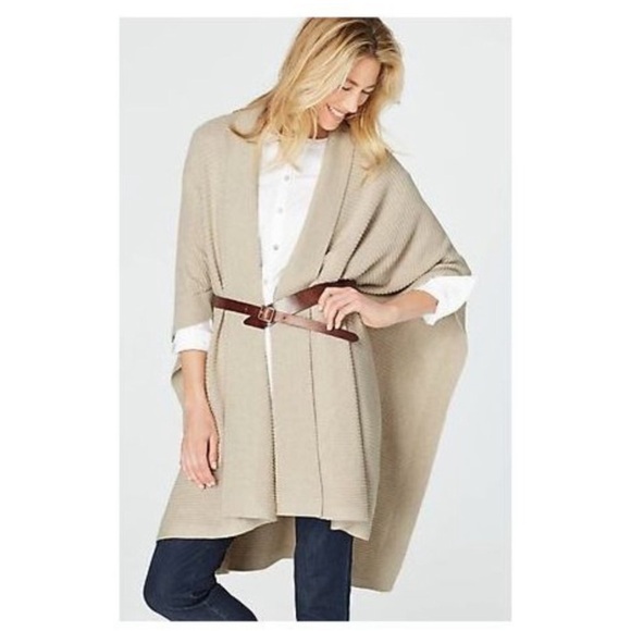 J.JILL Beige Open Front Poncho Ruana Sweater ONE SIZE Women's Shrug Wrap Shawl - Picture 1 of 7